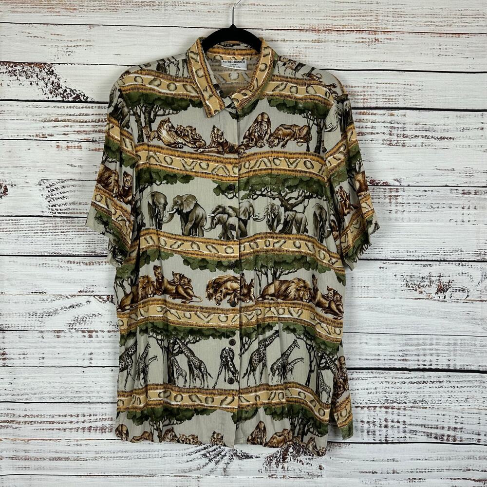 Women's VTG Alfred Dunner Neutral Safari Tropical Print Button Up Blouse 16W